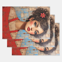 Papel de embrulho feminino floral vermelho artísti