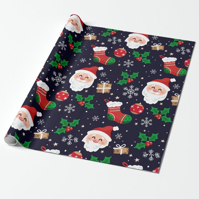 Papel de embrulho flocos de neve de Natal (A festive wrapping paper featuring cheerful Santa faces, stocking, and holiday motifs.  )