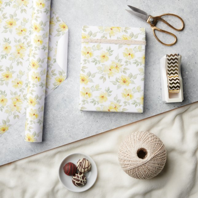 Papel de embrulho floral amarelo, Flores aquarela (Artesanato)
