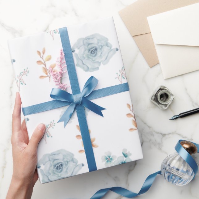 Papel de embrulho floral azul, embrulho de anivers (Presentear)