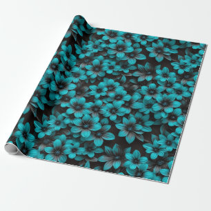 Papel de embrulho floral azul-petróleo em preto