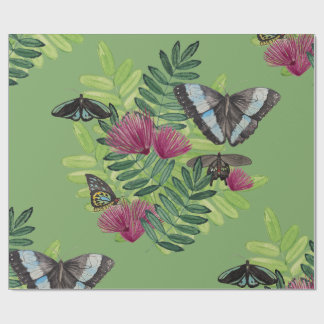 Papel de Embrulho Floral Borboleta Aquarela Verde