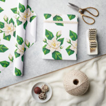 Papel de embrulho Floral Branco Elegante e Folhas 