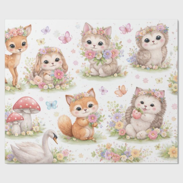 Papel de embrulho floral com adoráveis animais da  (Aberto)