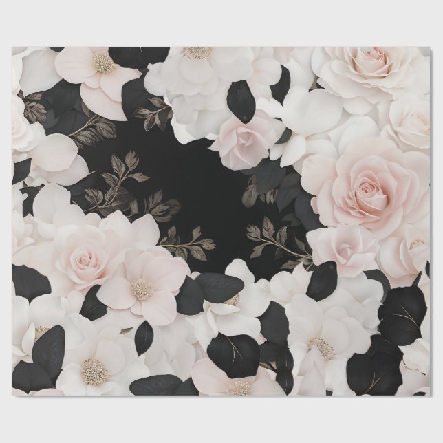 Papel de embrulho floral, cor-de-rosa e preto (Aberto)