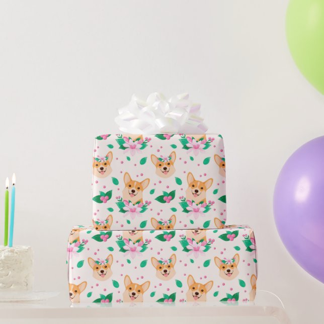 Papel de embrulho floral de Corgi Fofo (Presentes para festas)