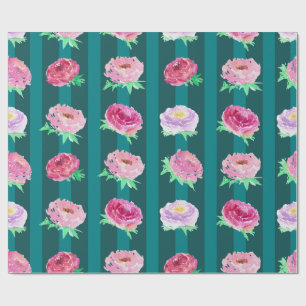 Papel de Embrulho Floral de Peônia com Listras em