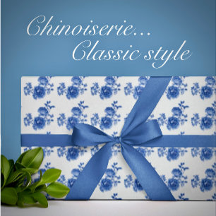 Papel de embrulho floral em azul e branco Chinoise