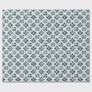 Papel de embrulho floral em azulejo vintage azul,