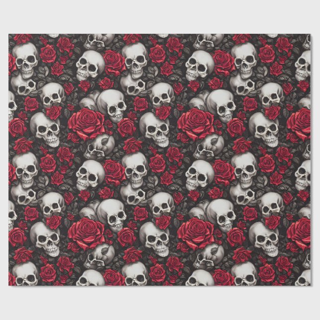 Papel de embrulho floral escuro com caveira gótica (Aberto)