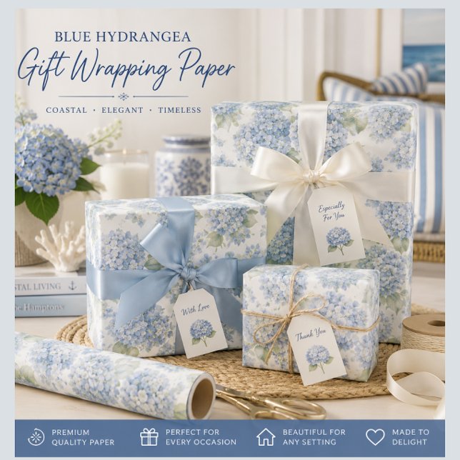 Papel de Embrulho Floral Hortênsia Azul (Elegant blue hydrangea gift wrap for coastal gifting, weddings, birthdays and special occasions.)