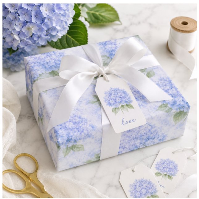 Papel de Embrulho Floral Hortênsia Azul (Elegant blue hydrangea gift wrap for thoughtful gifting, boutique presents, and beautiful occasions.)