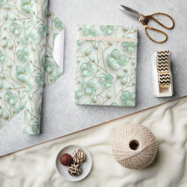 Papel de Embrulho Floral Ouro Verde (Artesanato)
