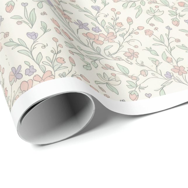 Papel de embrulho floral pastel shabby chic sem em (Ponta do rolo)