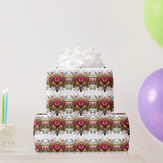Papel de embrulho floral rosa azul elegante (Presentes para festas)