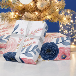 Papel de embrulho floral rosa e azul marinho