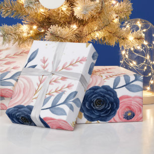 Papel de embrulho floral rosa e azul marinho