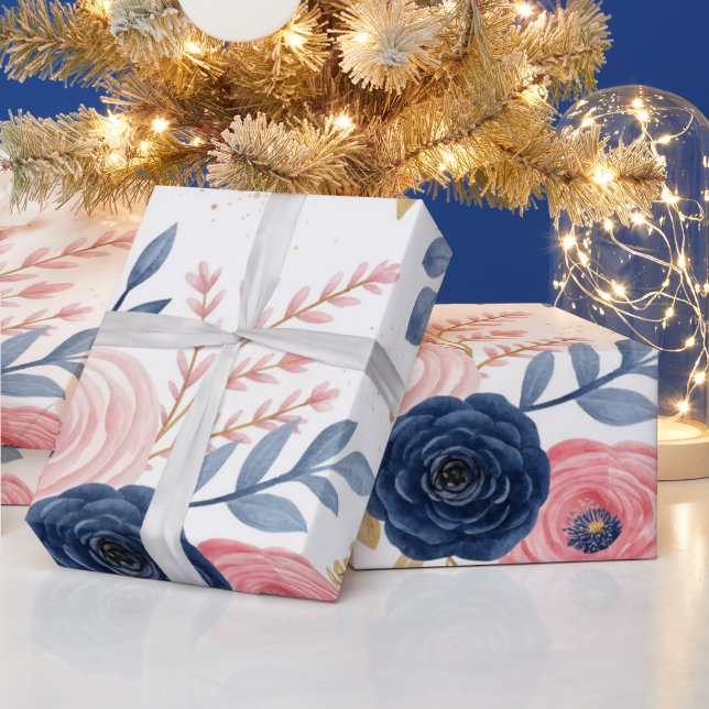 Papel de embrulho floral rosa e azul naval (Feriados)