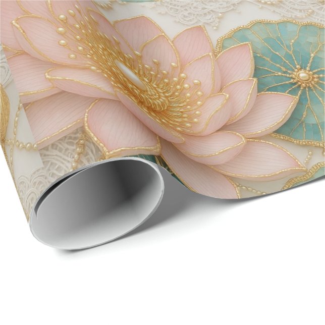 Papel de embrulho floral rosa e verde Opulence (Ponta do rolo)