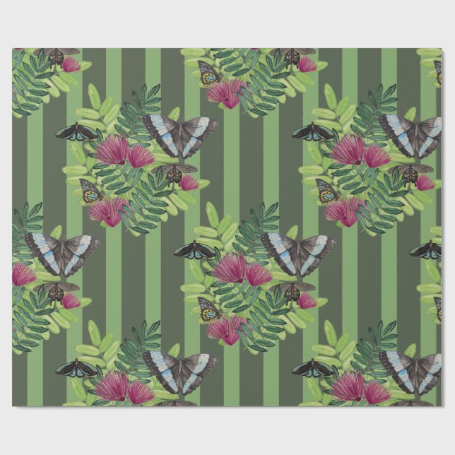 Papel de embrulho floral tropical borboleta listra (Aberto)