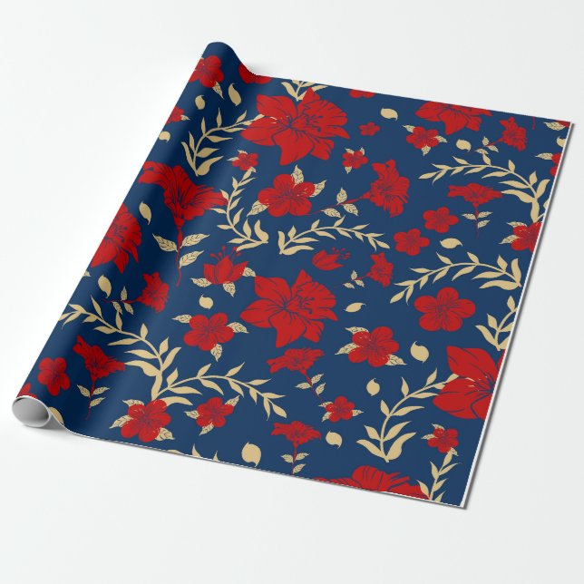 Papel de embrulho floral vermelho e dourado (Desenrolado)