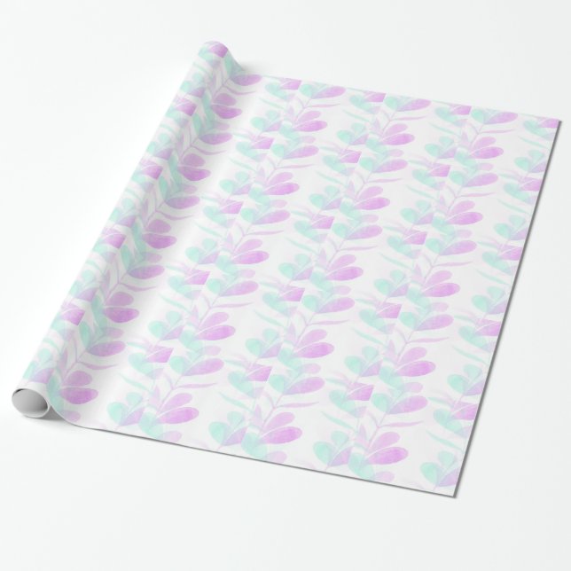 Papel de embrulho Folhas de Fúcsia e Turquesa (Desenrolado)