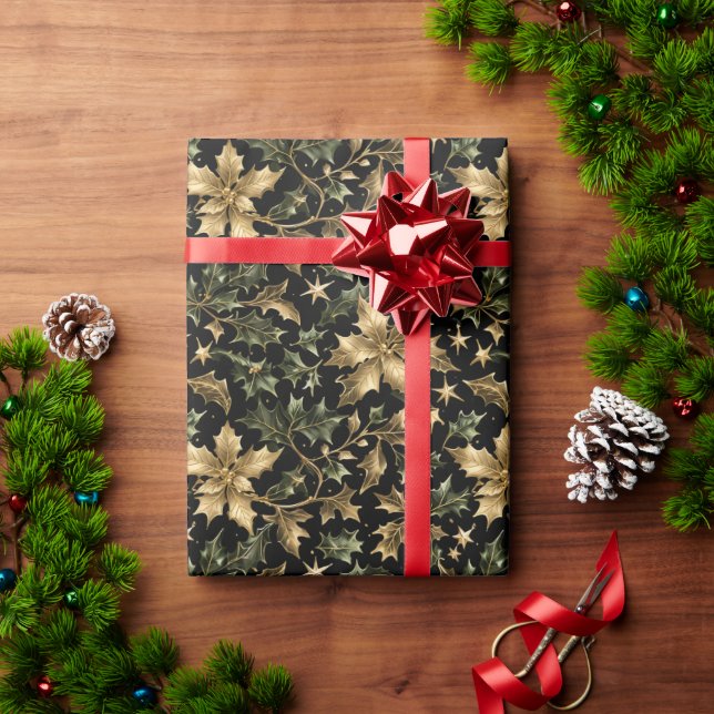 Papel de embrulho Folhas Douradas e Verdes em Fund (Presente de Natal)