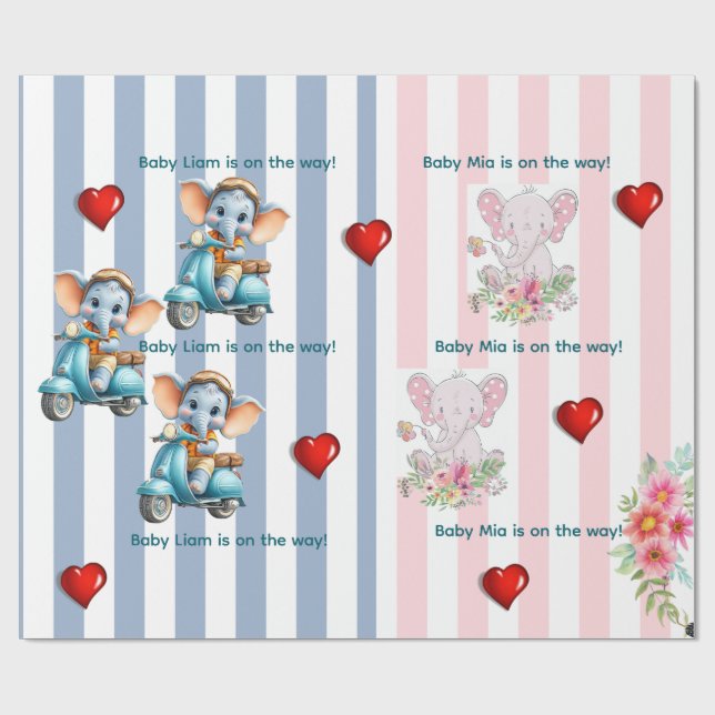 Papel de embrulho Gêmeos Azul Rosa Listra Elefante (Aberto)