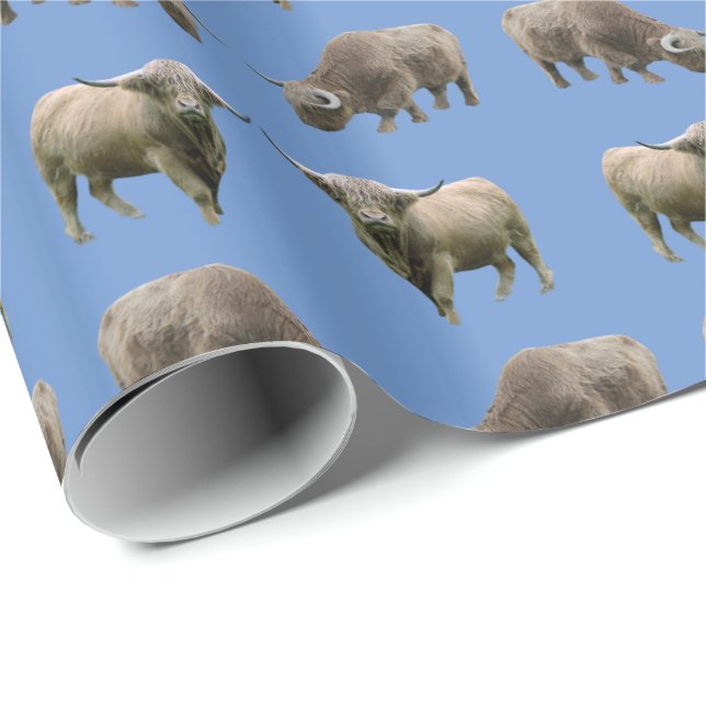 Papel de embrulho Highland Cow Frenzy (Azul) (Ponta do rolo)