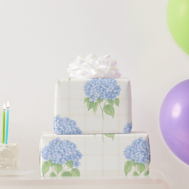 Papel de Embrulho | Hortênsia Azul | Xadrez Luxuos (Presentes para festas)