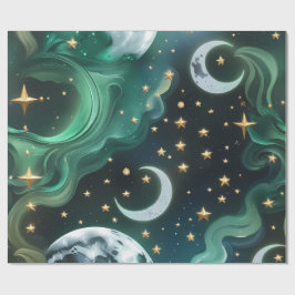 Papel de Embrulho - Lua Celestial Verde Esmeralda