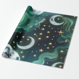 Papel de Embrulho - Lua Celestial Verde Esmeralda