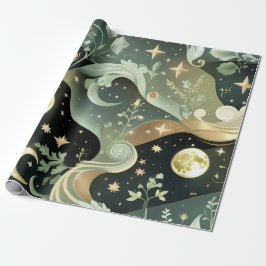 Papel de Embrulho - Lua Celestial Verde Sage