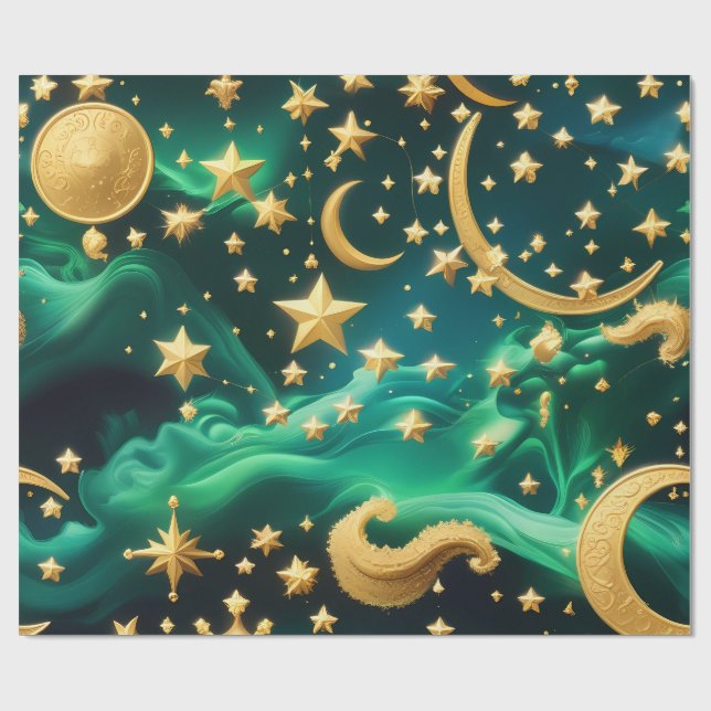 Papel de Embrulho – Luar Celestial Esmeralda Luxo (Aberto)