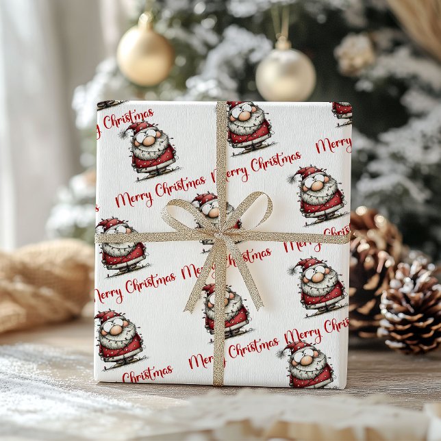 Papel de embrulho minimalista de desenho animado d (Quirky Funny Santa Cartoon Minimalist Wrapping Paper)