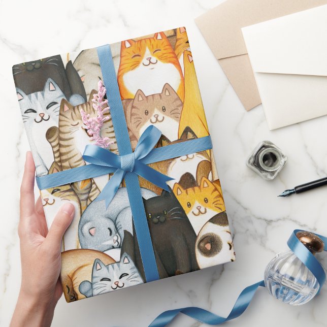 Papel de embrulho Multidão de Gatos Fofos para Ama (Cute Cat Crowd Wrapping Paper for Cat Lovers)