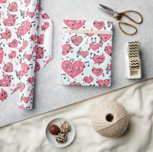 Papel de embrulho musical preto e corações vermelh