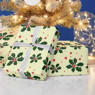 Papel de embrulho Natalino Creme Folhas de Holly V