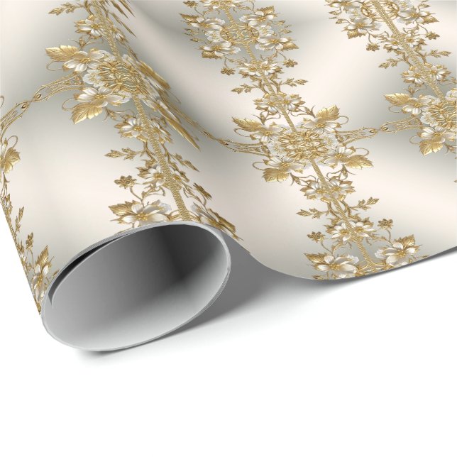 Papel de embrulho ornamentado dourado floral branc (Ponta do rolo)