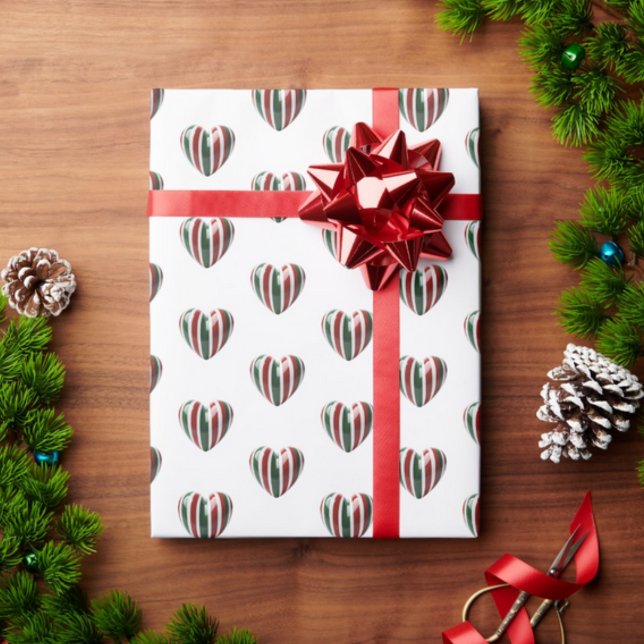 Papel de embrulho ornamentos italianos 3D (3D green white and red Hearts repeat pattern on gift wrapping paper for Italian Christmas)