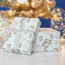 Papel de embrulho padrão de gatinhos e patas fofos