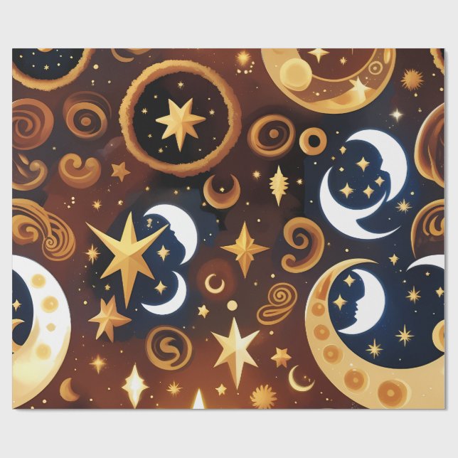 Papel de embrulho - Padrão de Lua Celestial Ocre D (Aberto)