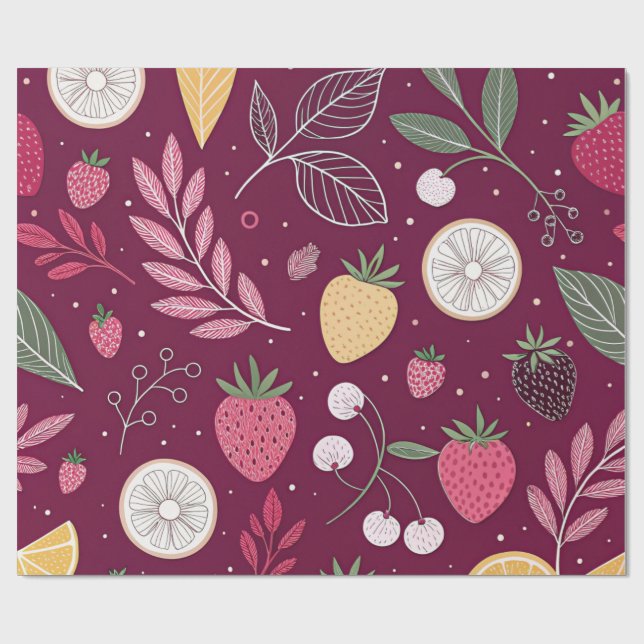 Papel de Embrulho – Padrão Frutas Ameixa Profunda  (Aberto)