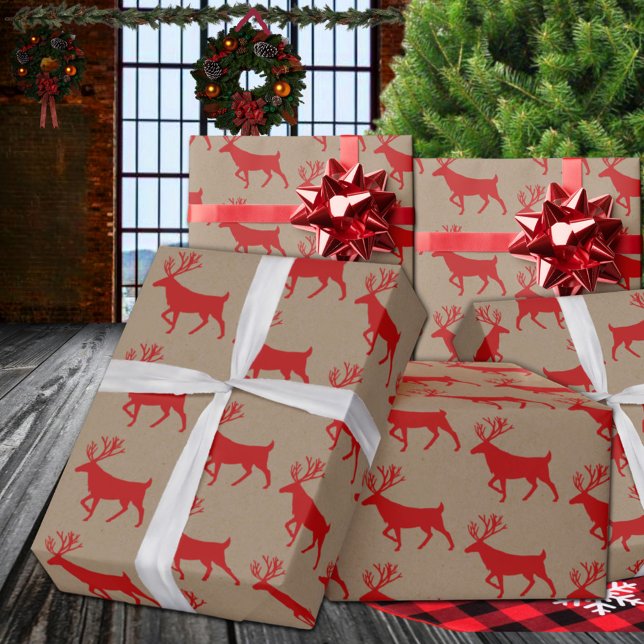 Papel de embrulho para betão vermelho russo Kraft (Rustic Kraft Red Stag Reindeer Christmas Holiday Gift Wrapping Paper Rolls)