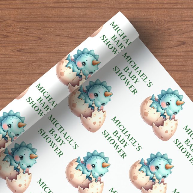 Papel de embrulho para chá de bebê Dino Boy em bre (Baby Dino Boy Shower Wrapping Paper Hatching Soon)