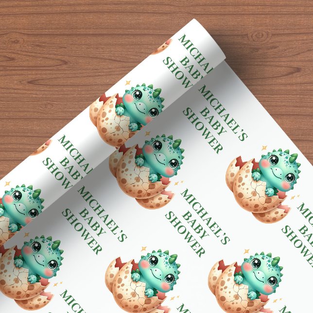 Papel de Embrulho para Chá de Bebê Dinossauro Fofo (Hatching Soon Cute Dino Baby Shower Wrapping Paper)
