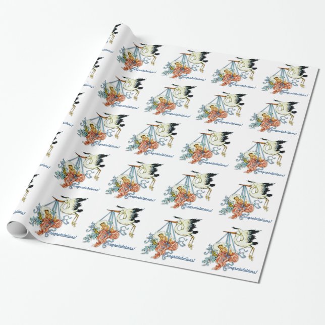 Papel de embrulho para chá de bebê Stork Azul Vint (Desenrolado)