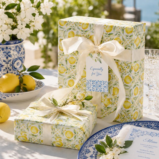 Papel de embrulho para chá de noiva com limão medi (Mediterranean Lemon Bridal Shower Wrapping Paper)
