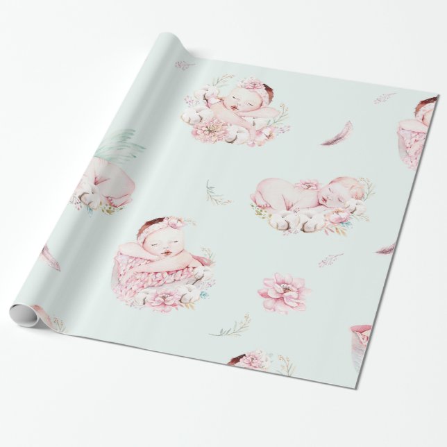 Papel de embrulho para chás de bebê de menina aqua (Desenrolado)