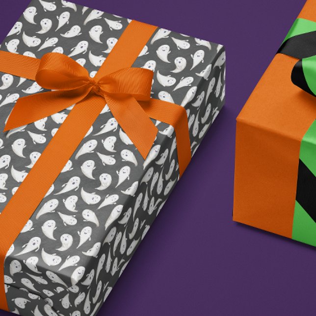 Papel de embrulho para fantasmas do dia das bruxas (cute friendly ghosts patterned charcoal gray black gift wrapping paper for Halloween)